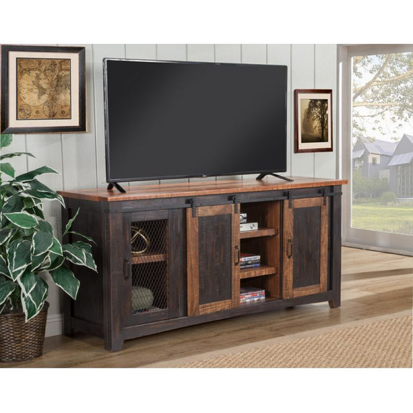 RUSTIC SANTA FE TV STAND, ANTIQUE BLACK AND HONEY TOBACOO