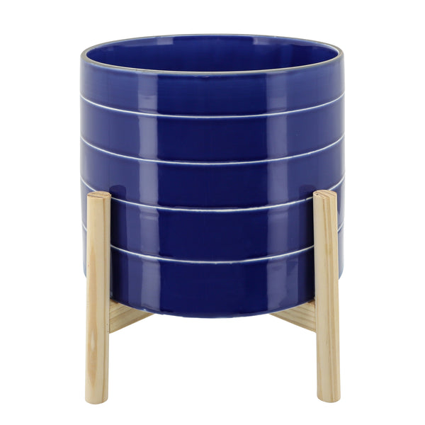 10" Striped Planter W/ Wood Stand, Navy image