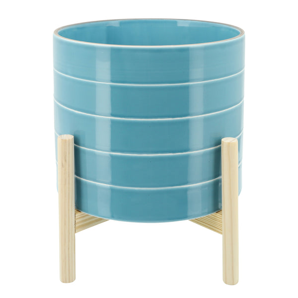 10" Striped Planter W/ Wood Stand, Skyblue image