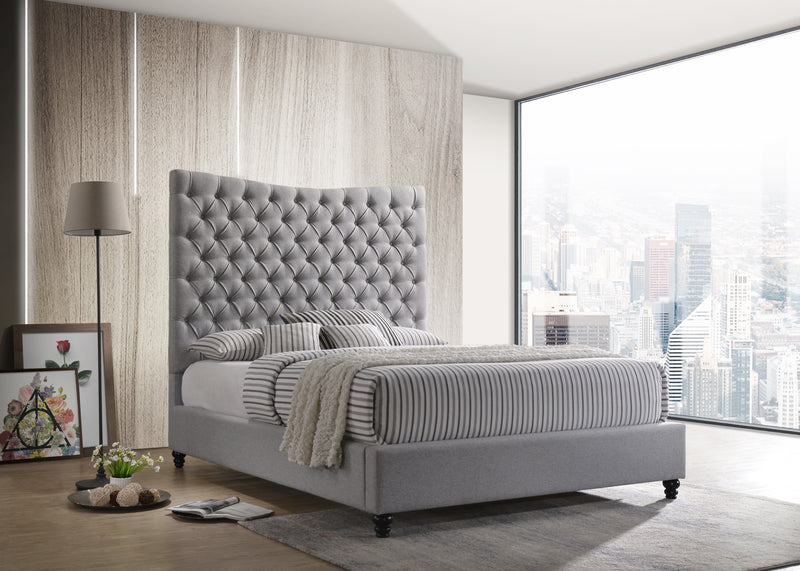 GRAY Fabric Tufted Headboard Platform Bed - QUEEN