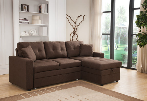 BROWN Linen Pull Out Sectional Sofa