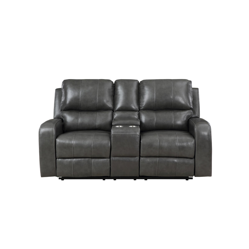 LINTON LEATHER CONSOLE LOVESEAT W/ DUAL RECLINERS-GRAY