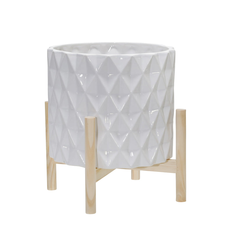 12" Ceramic Diamond Planter W/ Wood Stand, White image