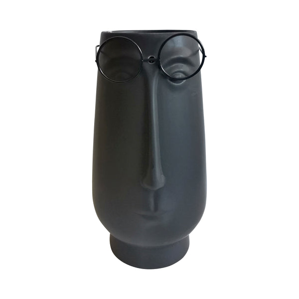 Porcelain, 6"d Long Face W/ Glasses Vase, Black image