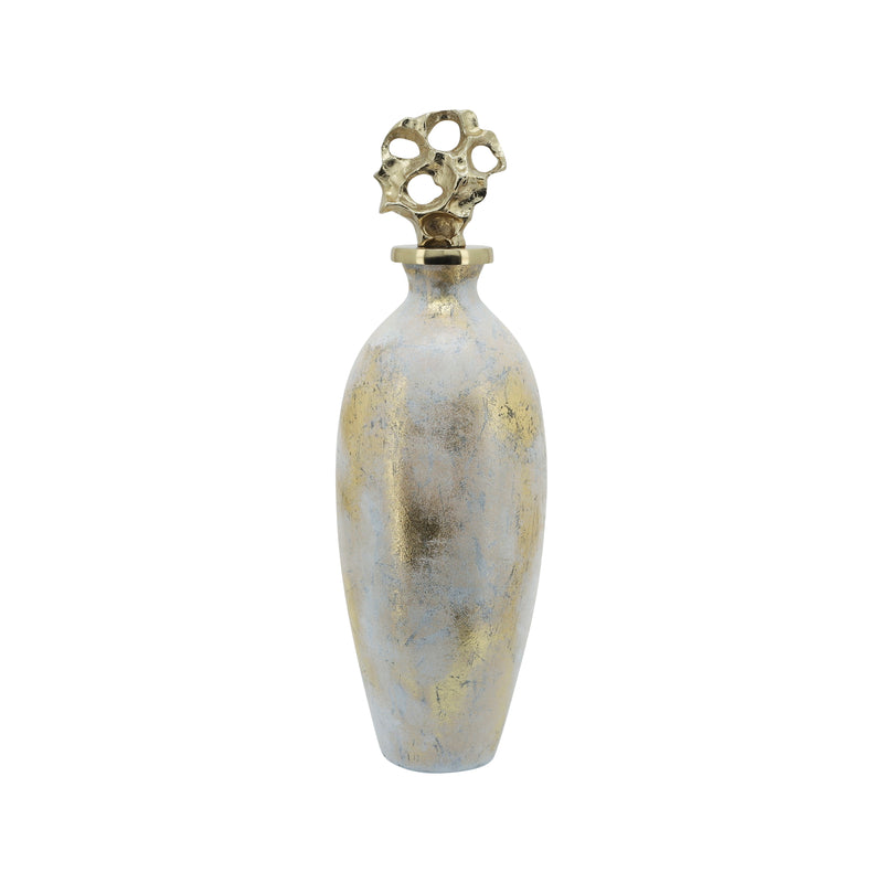 Glass, 16"h Metal Vase Tribal Topper,  White/gold image