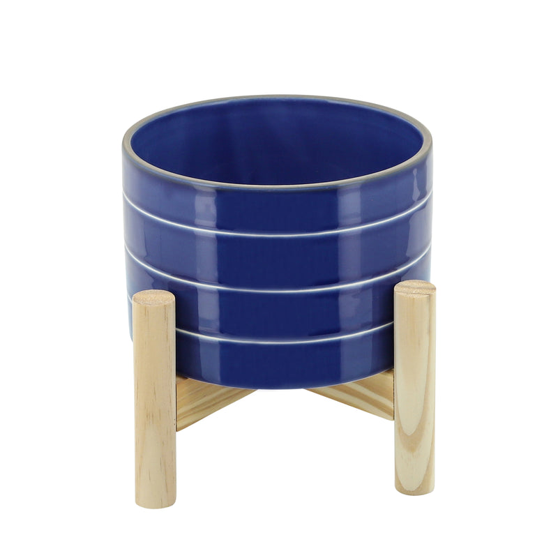6" Striped Planter W/ Wood Stand, Navy image