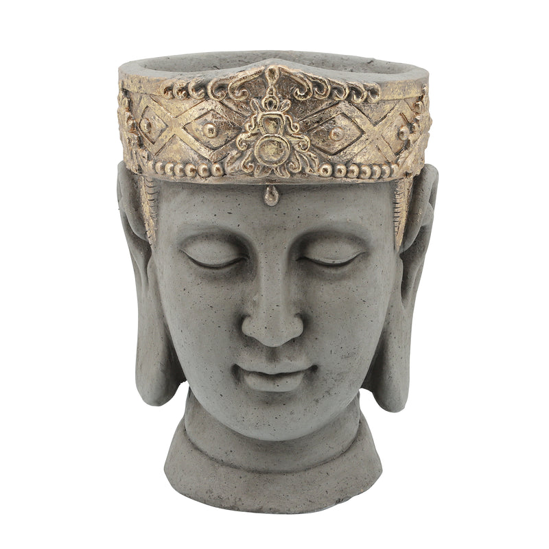 Resin, 10" Buddha Head Planter W/ Crown, Gray image