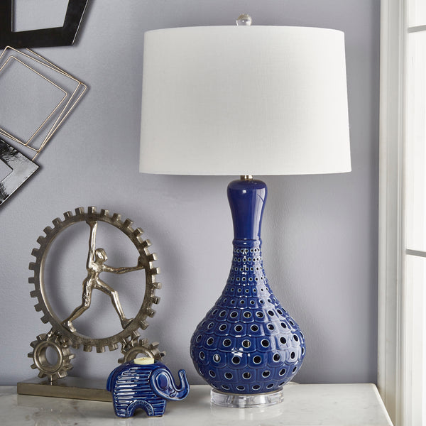 Ceramic 31" Pierced Bottle Table Lamp, Navy Blue image