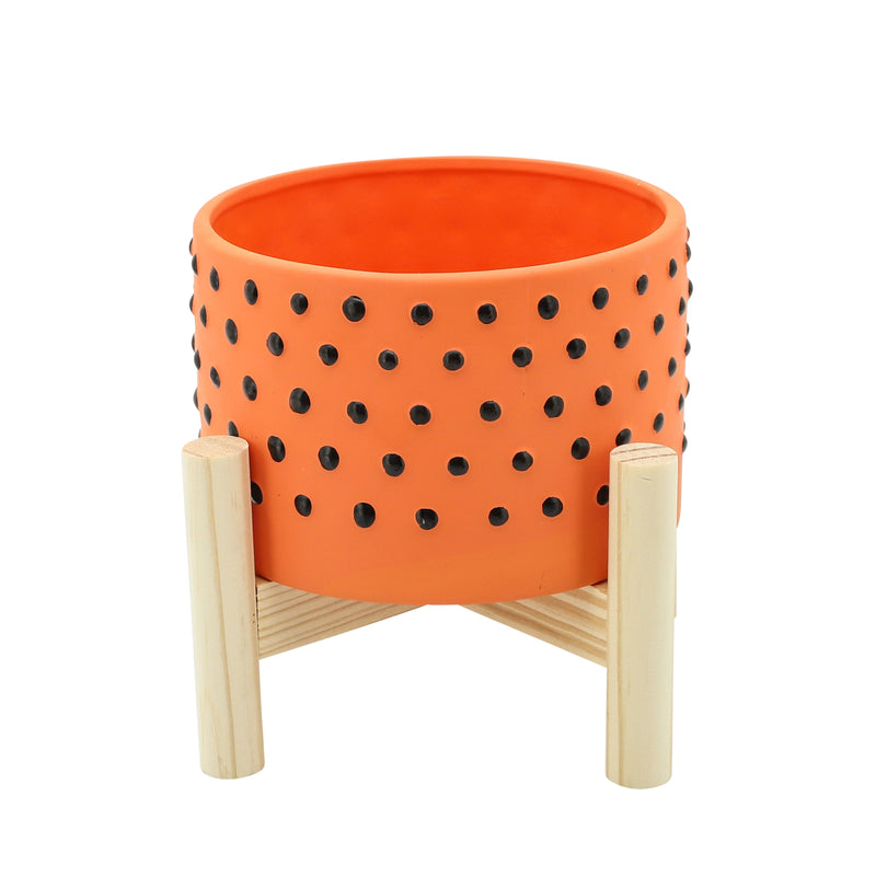 6" Dotted Planter W/ Wood Stand, Orange image