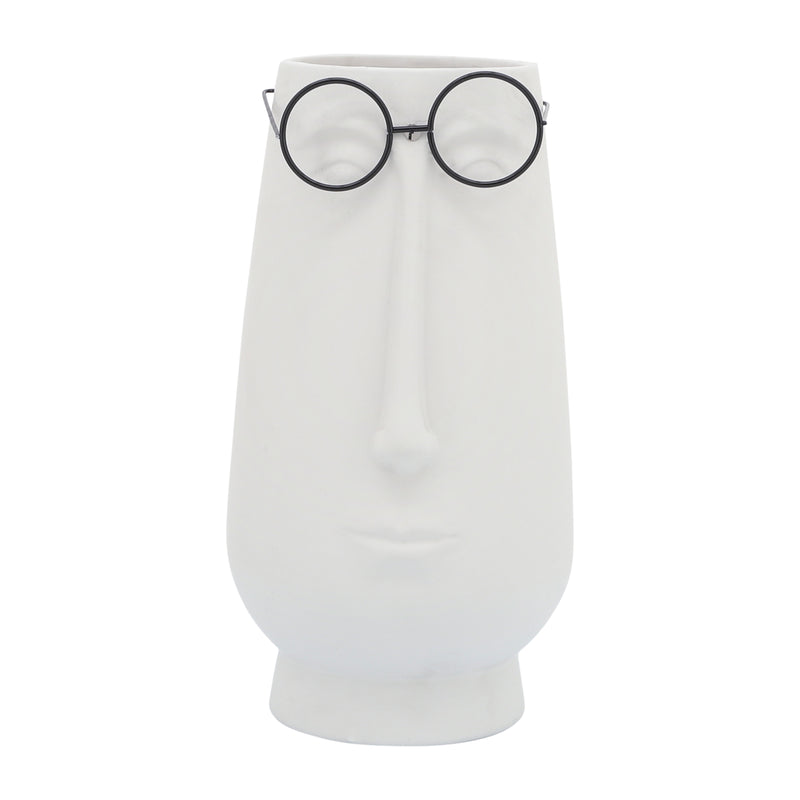 Porcelain, 6"d Long Face W/ Glasses Vase, White image