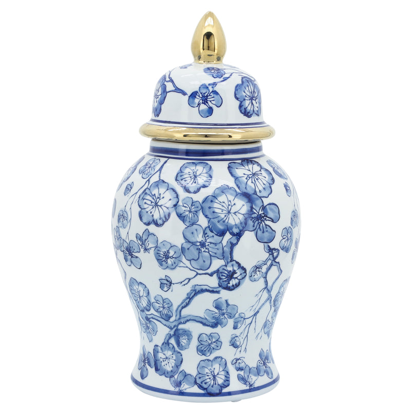 14" Temple Jar W/ Hibiscus, Blue & White image