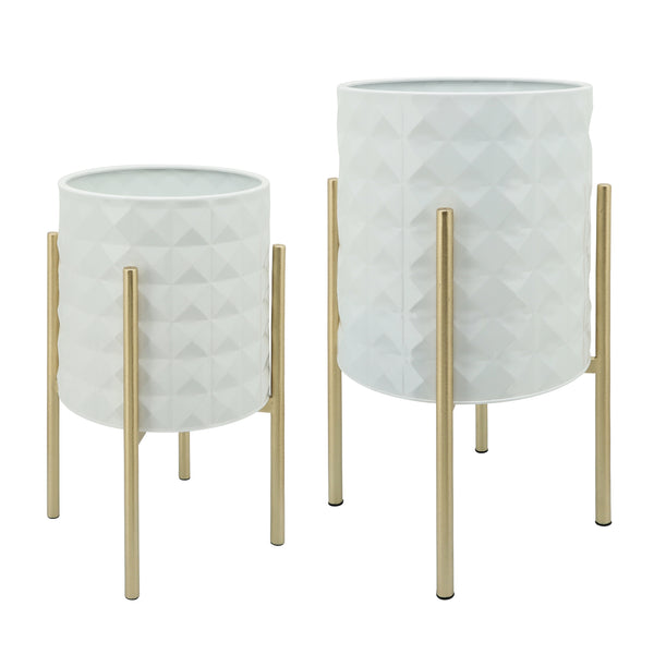 S/2 Diamond Planters In Metal Stand, White image