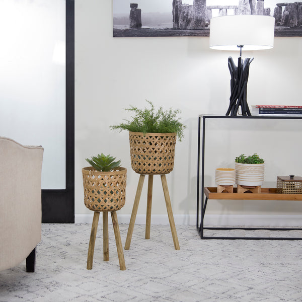 S/2 Bamboo Planters On Stands, Natural image