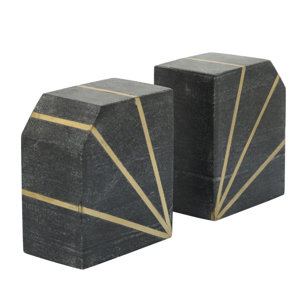 S/2marble 5"h Polished Bookends W/gold Inlays, Blk image