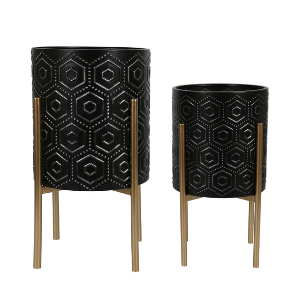S/2 Hexagon Planters On Metal Stand, Black/gold image