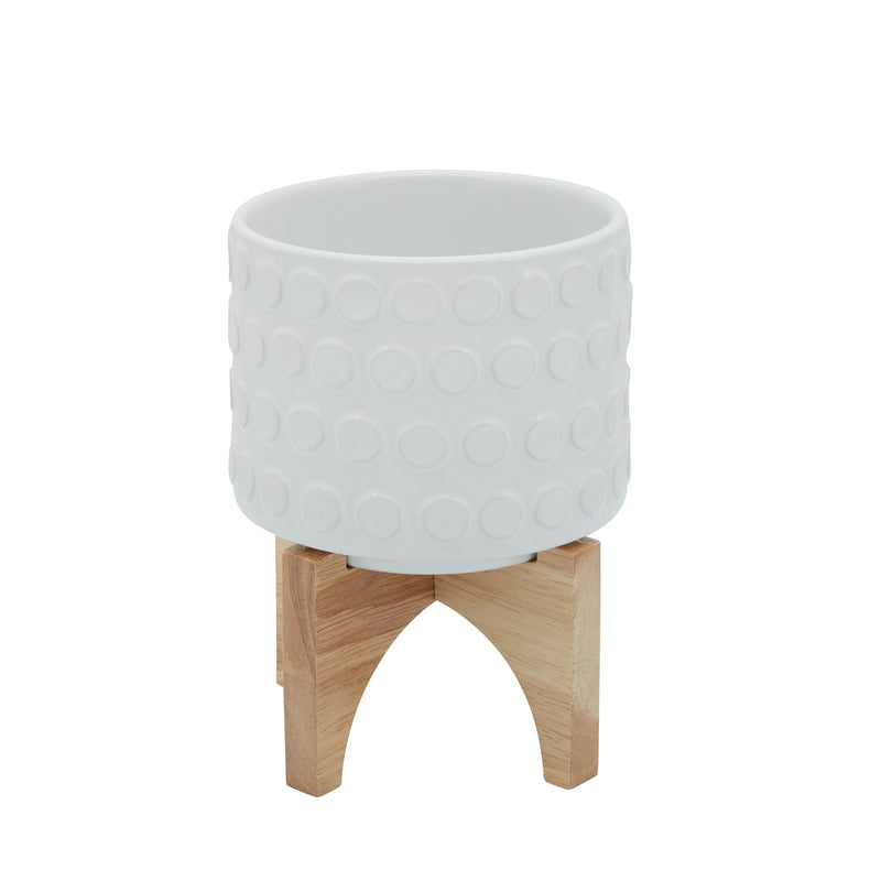Ceramic 5" Planter On Wooden Stand, White image