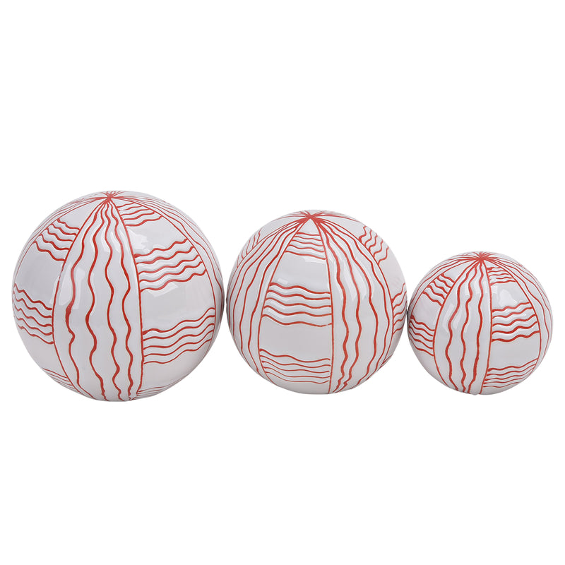 Cer, S/3 Curvy Line Painted Orbs, 4/5/6" Wht/red image