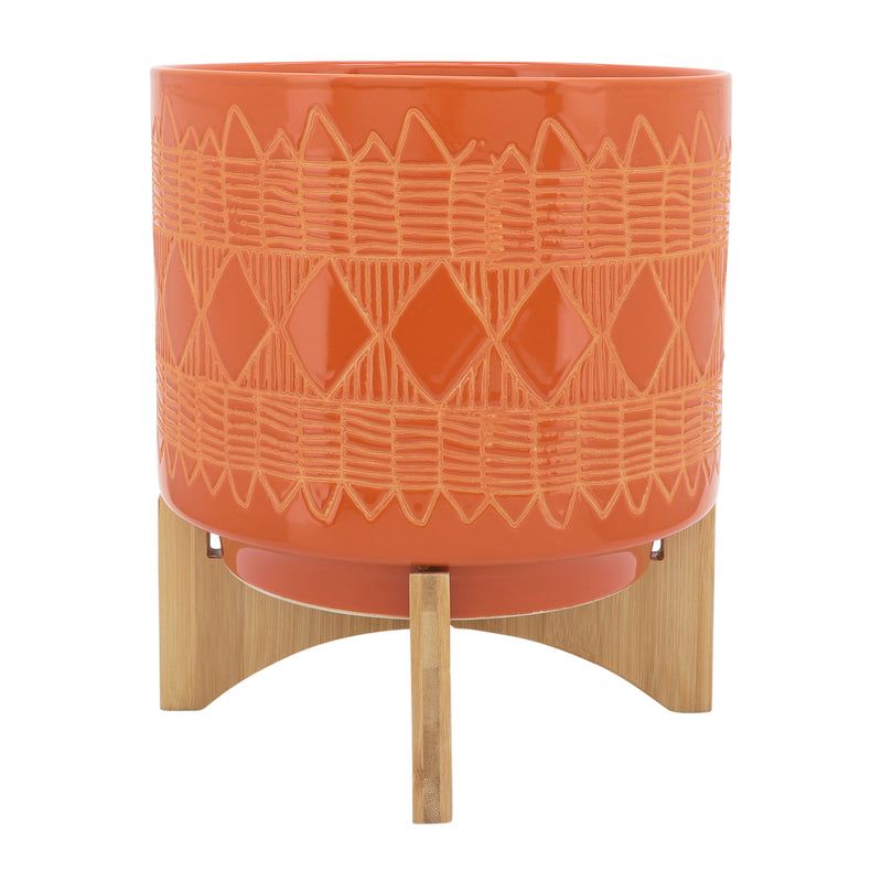 Ceramic 10" Aztec Planter On Wooden Stand, Orange image