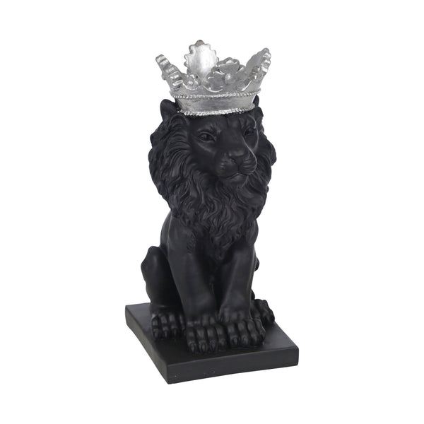 Polyresin 8" Lion W/ Crown Figurine, Black/silver image