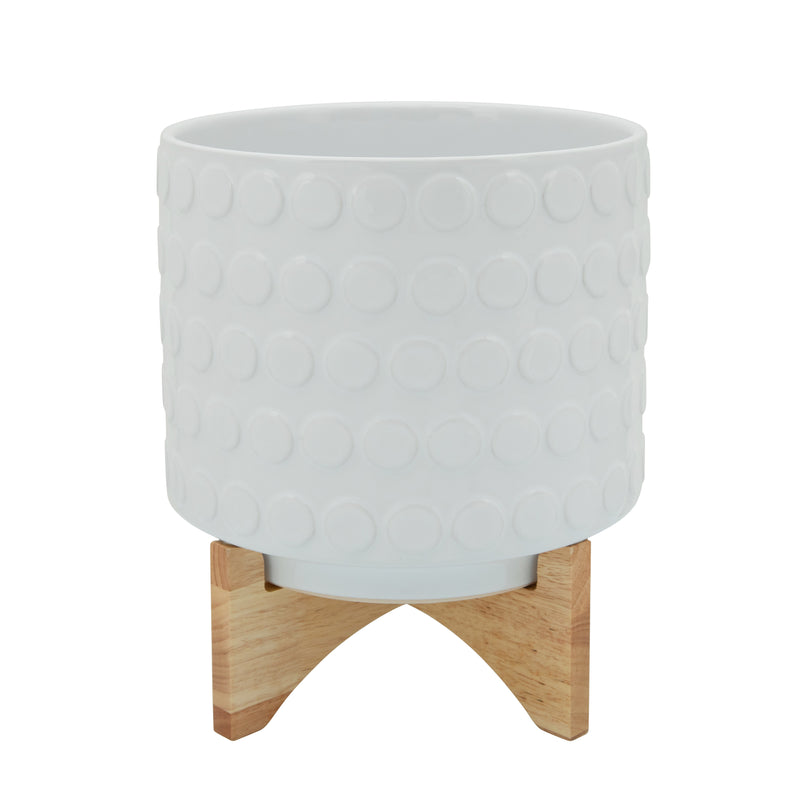 Ceramic 10" Planter On Wooden Stand, White image