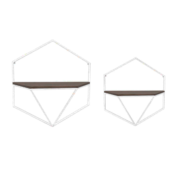 S/2 Metal / Wood Hexagon Wall Shelves, White/brown image