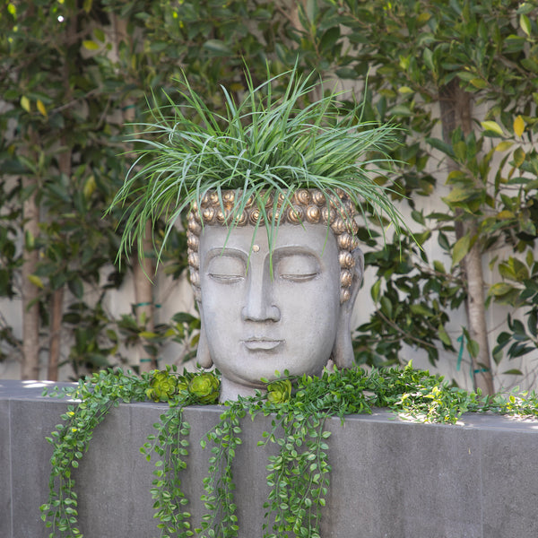 Resin Buddha Head Flower Pot, Gray/gold image