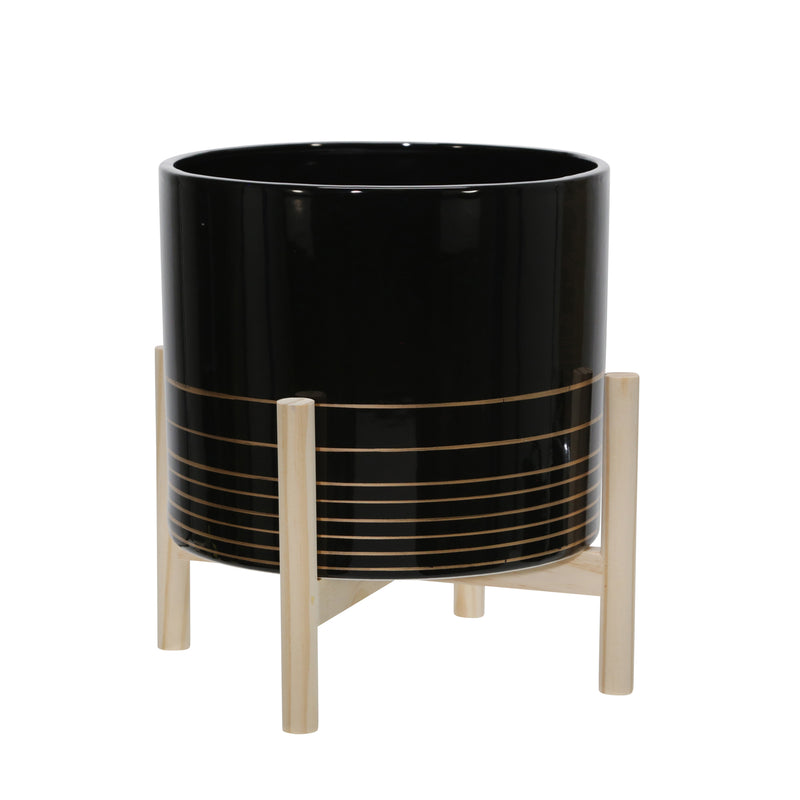 12" Ceramic Metallic Planter W/ Wood Stand, Black image