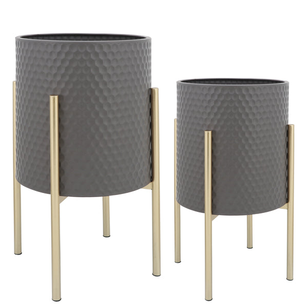 S/2 Honeycomb Planter On Metal Stand, Gray/gold image