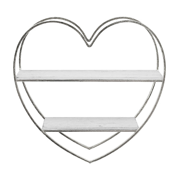 Metal/wood 2 Tier Heart Wall Shelf, White/silver image