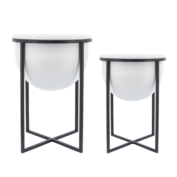 Metal S/2 11/12" Planters W/ Stand, Wht/blk image