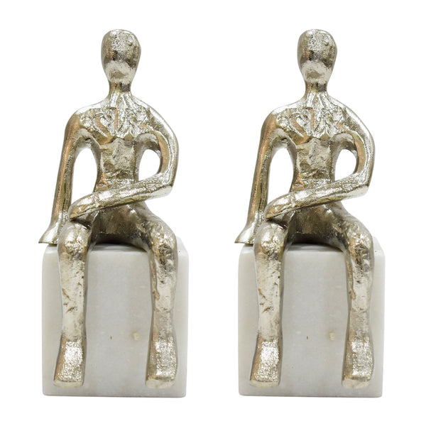 Metal/marble S/2  Sitting Man Bookends, Silver image