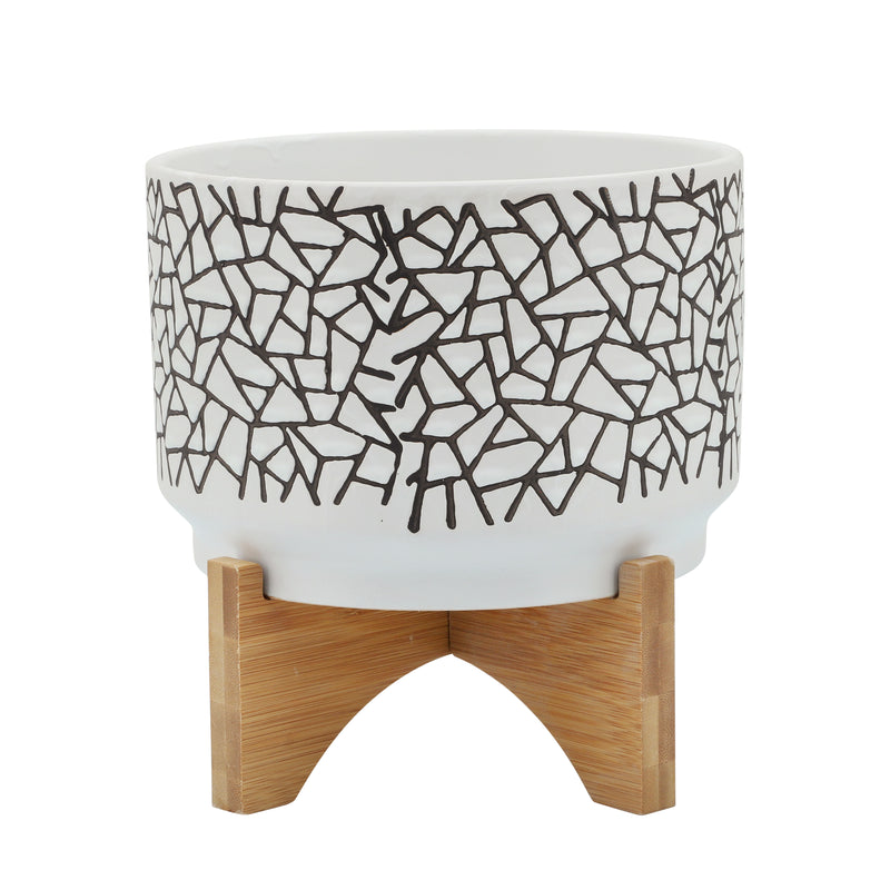 7" Crackled Planter W/ Wood Stand, White image