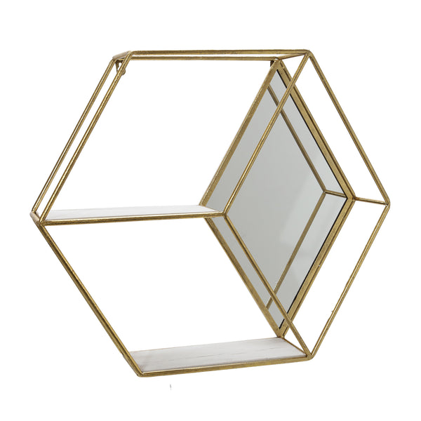 Metal/wood 20" Hexagon Mirrored Wall Shelf, Gold image