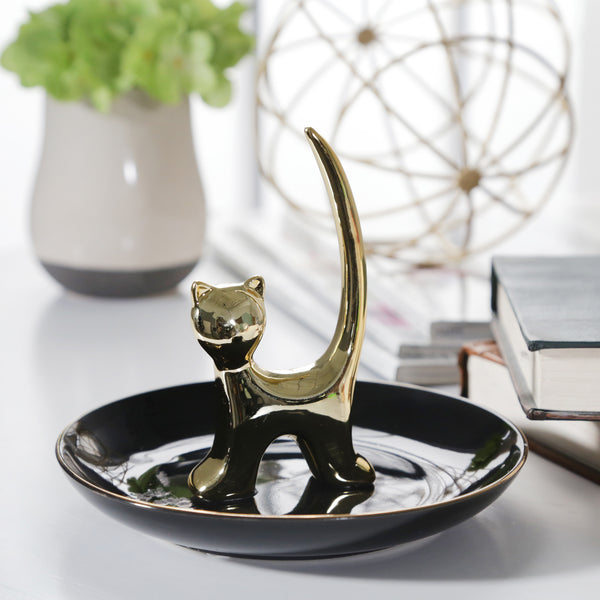 Ceramic 6" Cat Trinket Tray, Black/gold image