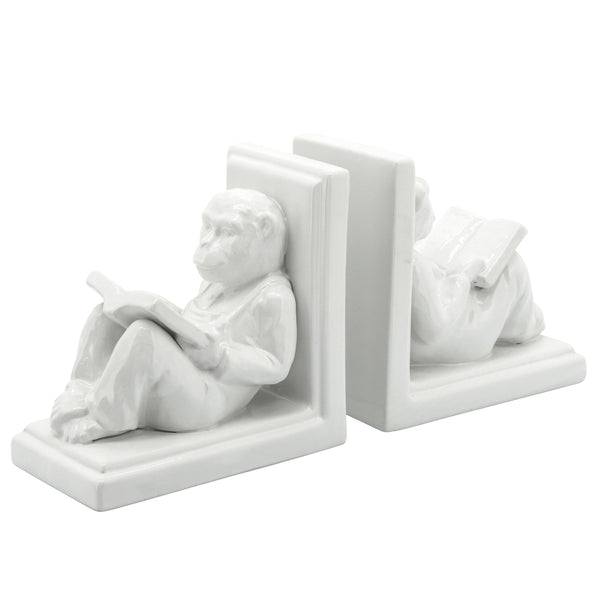S/2 Ceramic 7"h Reading Monkey Bookends, White image