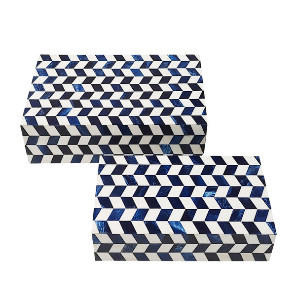 Resin, S/2 10/12" Harlequin Boxes, Blue/white image