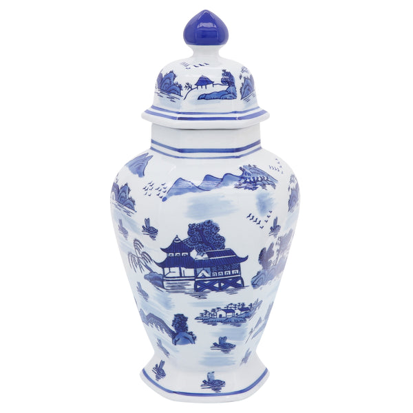 Cer,14"h Scenic Temple Jar, Blue image