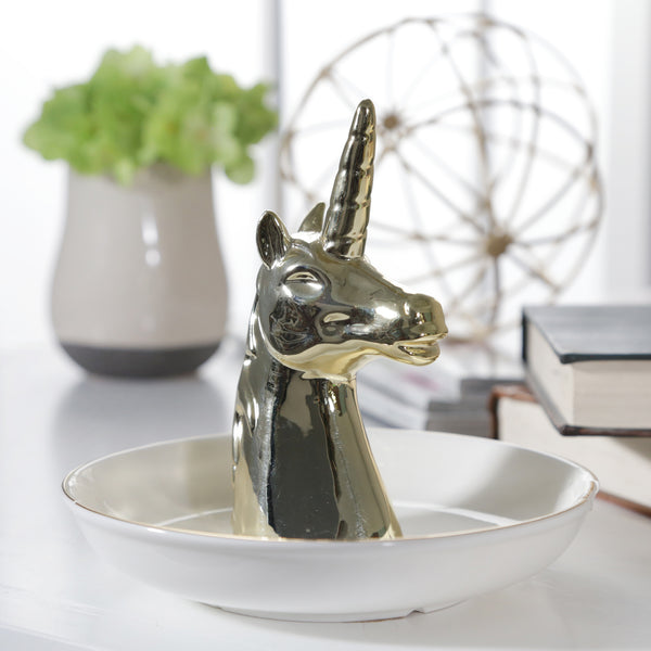 Ceramic 6" Unicorn Ring Holder, White/gold image