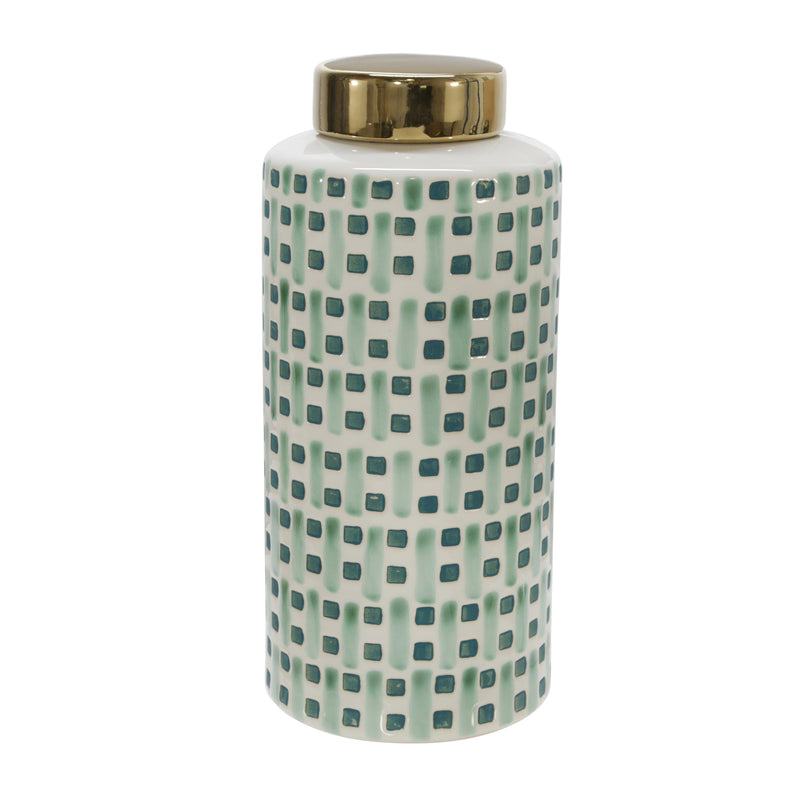 Ceramic 13" Jar With Gold Lid, Green/white image