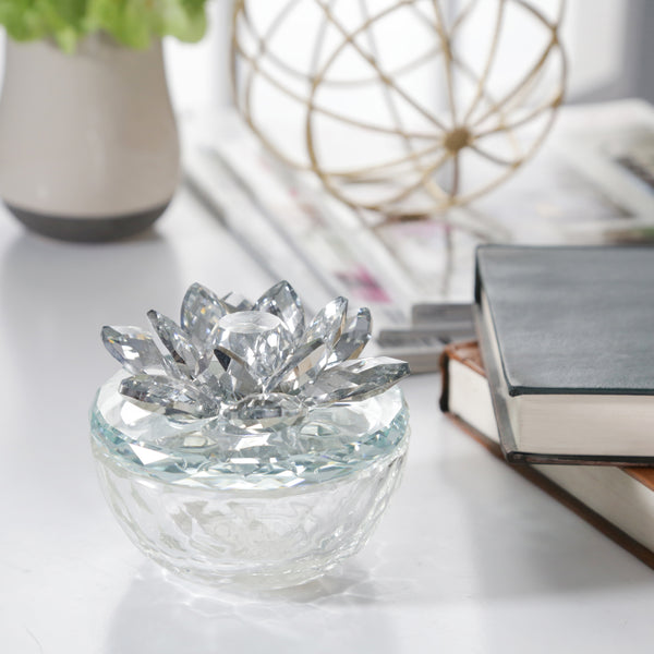 Glass Trinket Box Clear W/silver Lotus Top image