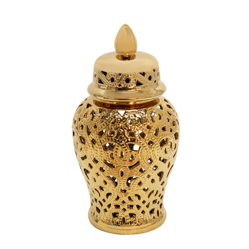 Ceramic 18" Cut-out Temple Jar, Shiny Gold image