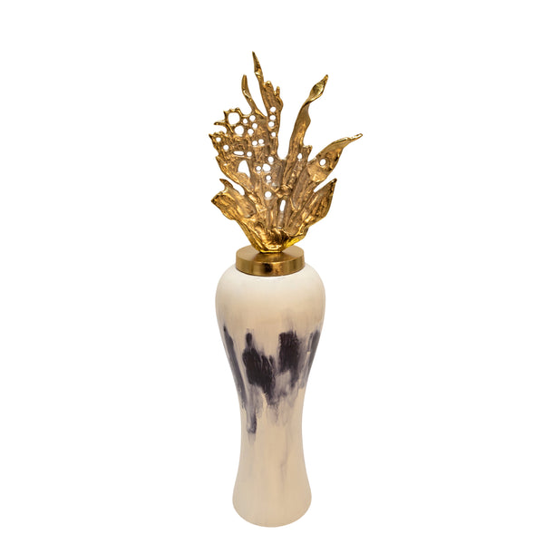 38"h Metal  Vase W/ Leaf Like Lid, White image