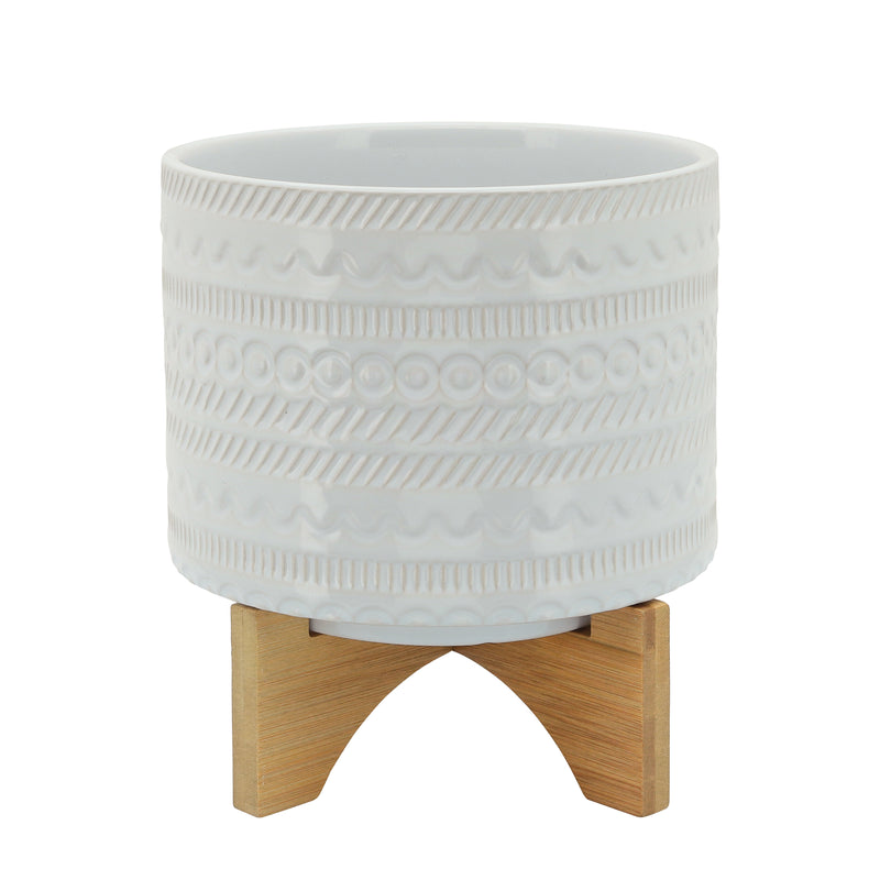 8" Tribal Planter W/ Wood Stand, White image