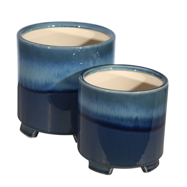 S/2 Ceramic 6/8" Footed Planter, Reactive Blue image