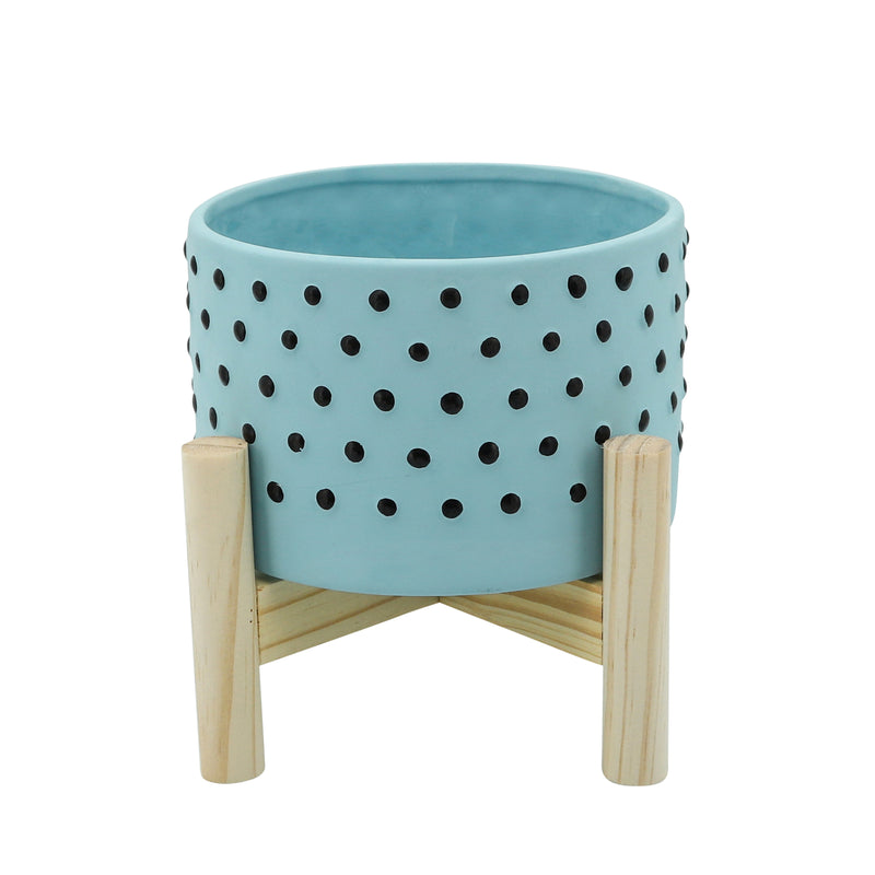 6" Dotted Planter W/ Wood Stand, Blue image