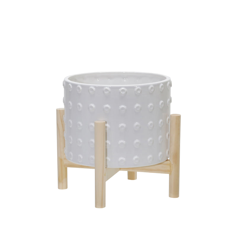 8" Ceramic Dotted Planter W/ Wood Stand, White image