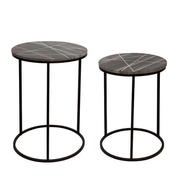 S/2 Metal/ Marble Side Table W/ Gold Inlays, Black image