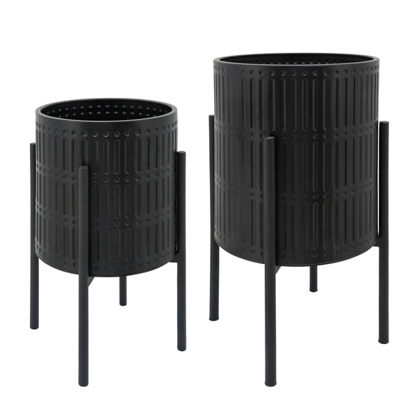S/2 Ridged Planters In Metal Stand, Black image
