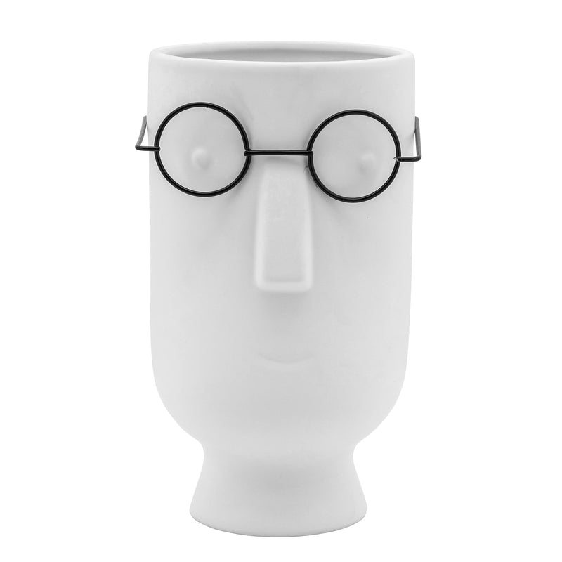 9"h Face W/glasses Vase, White image