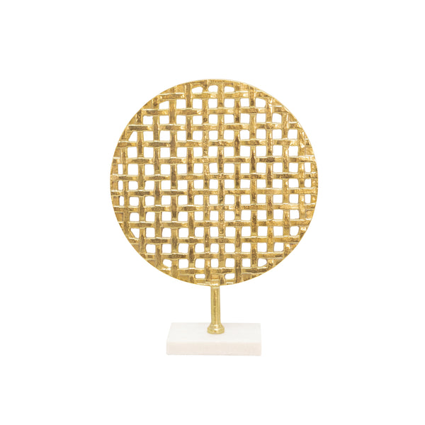 18" Metal Round Mesh Deco On Marble Base, Gold image